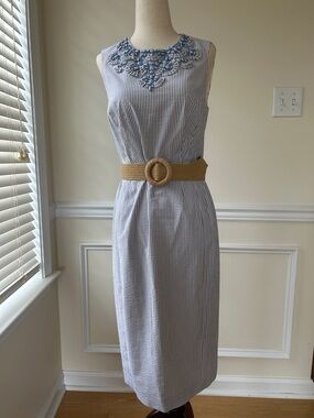 Brooks Brothers Light Blue Striped Midi Dress with Embroidered Neck
